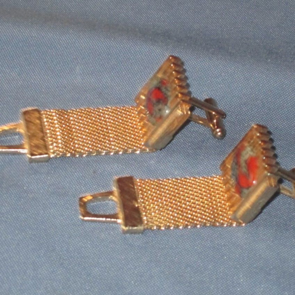 vintage gold green red marbled cab cufflinks - Picture 3 of 4